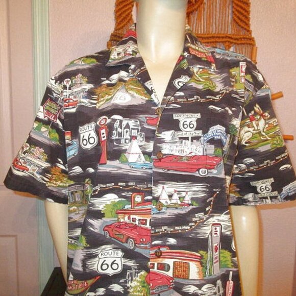 Vtg Pacific Legend Men's Hawaiian Shirt Size L Button Up Route 66 Dinosaur USA - Picture 2 of 12